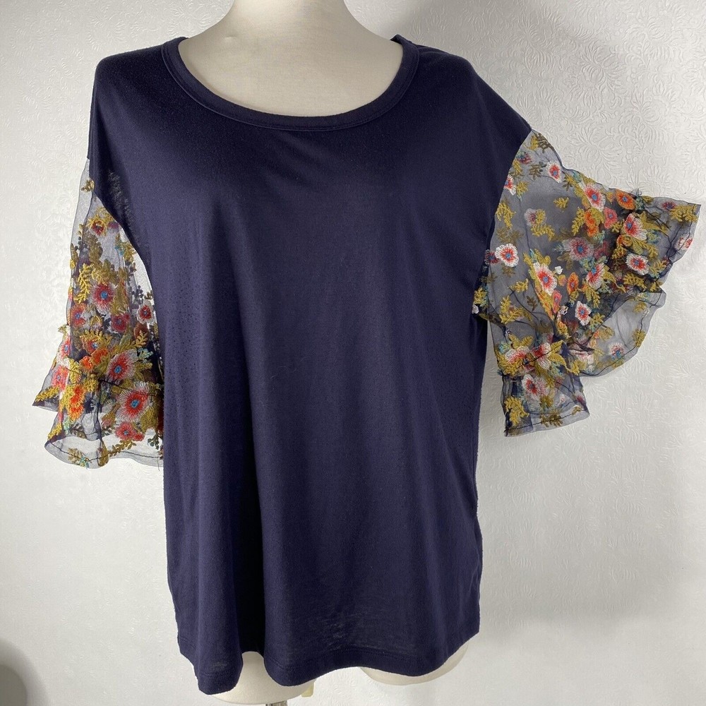 Umgee Womens Sz S Navy Shirt w Embroidered Short Bell Sleeves